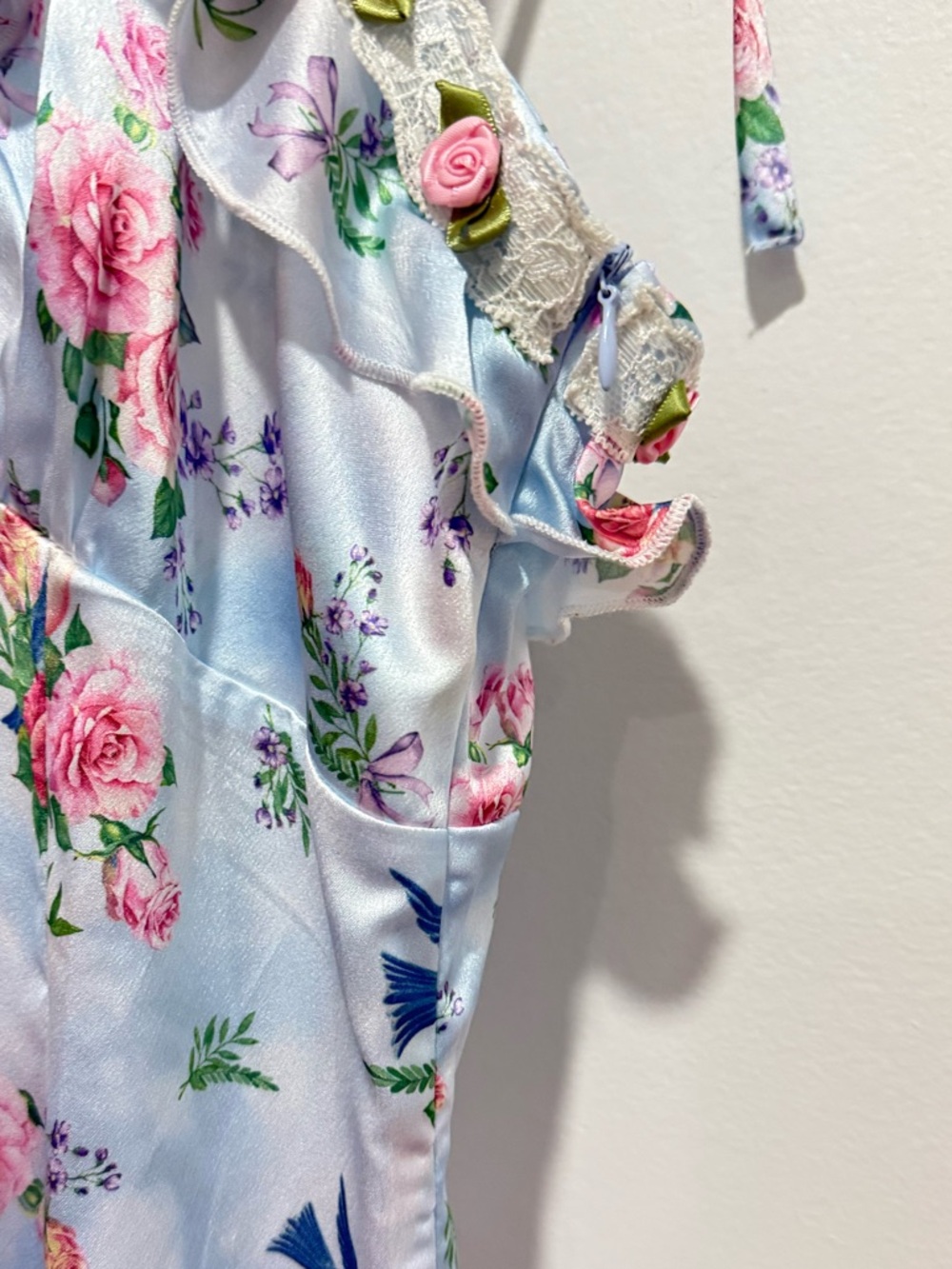 Pastel Blue Floral Satin Ruffle Dress with Lace - Picture 6 of 8